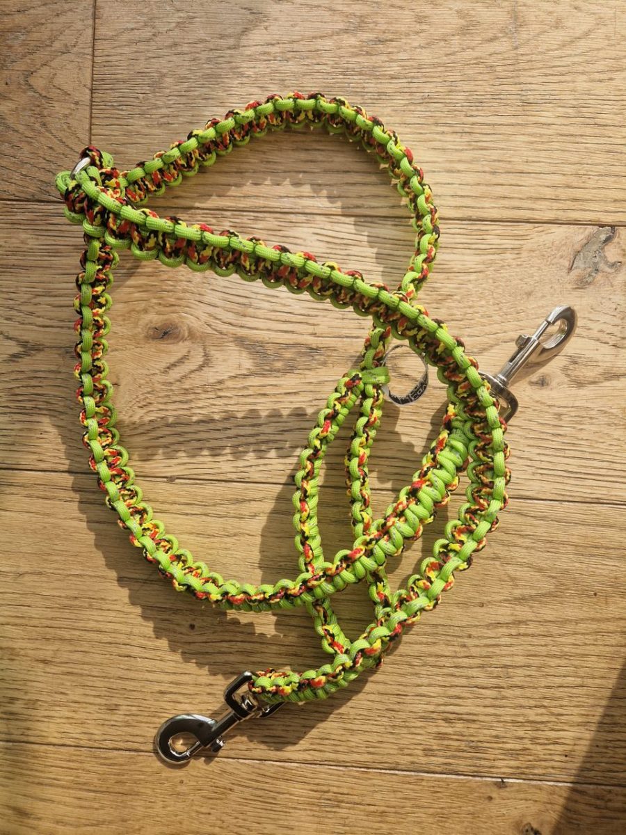 Bright green, red black and yellow Paracord Double Dog leash